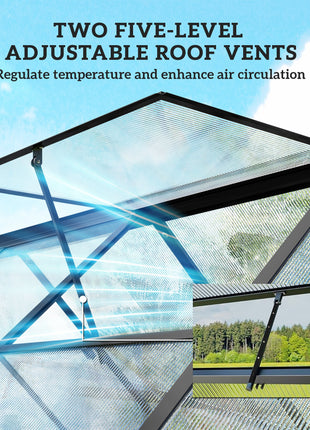 Polycarbonate Greenhouse with Swing Door and Two Adjustable Roof Vents, Aluminum Walk-in Greenhouse, 11x6 ft, Black