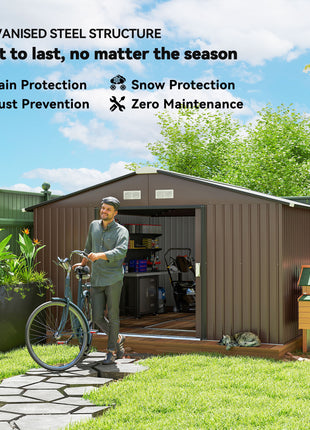 Metal Large Shed with Double Locking Doors Sloped Roof for Garden Tool, Bike Storage, Brown