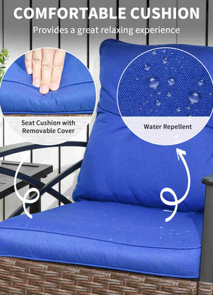 3 Piece Patio Rocking Chair Set, Outdoor Wicker Bistro Set with 2 Oversize Cushioned Porch Rockers and 2 Tier Coffee Table for Garden, Backyard, Blue