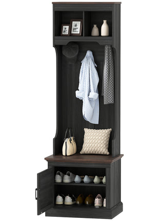 3-in-1 Hall Tree with Shoe Storage, Coat Rack with Bench, Entryway Furniture with Five Hooks, Black Wood Grain