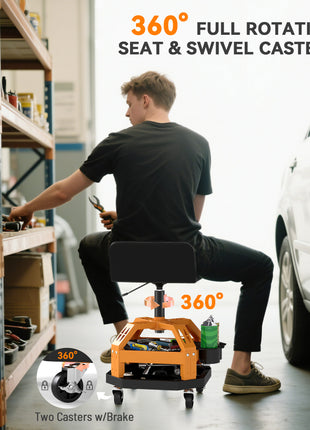 Rolling Creeper Garage Stool, 300 LBS Capacity Mechanic Stool with 360° Wheels, Tool Tray, Adjustable Height, Yellow