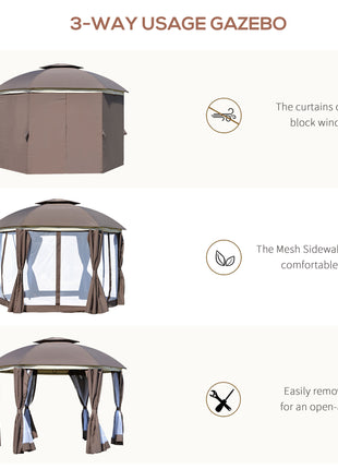 12' x 12' Round Outdoor Gazebo, Patio Dome Gazebo Canopy Shelter with Double Roof, Netting Sidewalls and Curtains, Zippered Doors, Strong Steel Frame, Brown