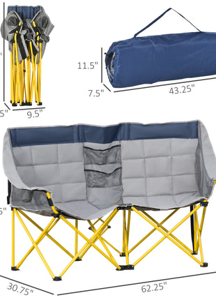 Loveseat Style Camping Chair, Oversized Folding Lawn Chair with Carry Bag & Cup Holders, for Outdoor, Beach, Picnic, Hiking, Travel, Navy Blue & Gray