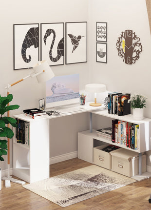 55" 360° Rotating Corner Computer Desk Modern L-Shaped Home Office Workstation with 3-Tier Storage Shelves, Bookshelf, White