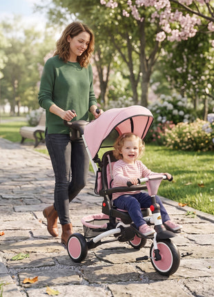 6 in 1 Kids Tricycle with Adjustable Push Handle, Removable Canopy, Reversible Seat, for 1-5 Years, Pink