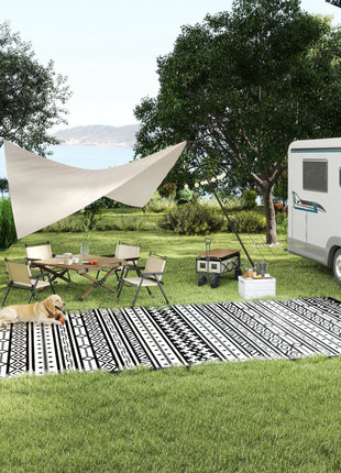 Reversible Outdoor Rug, Waterproof Plastic Straw with Carry Bag, 9' x 18', Black & White Geometric Wall
