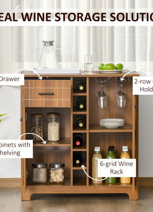 Retro Wine Cabinet for 6 Bottles, Wine Rack Sideboard Serving Bar with Glass Holders and 1 Drawer, Brown