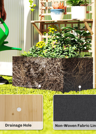 Wooden Raised Garden Bed with Trellis and Roof, Elevated Planter Box with 2 Shelves, Drainage Hole and Liner, Natural
