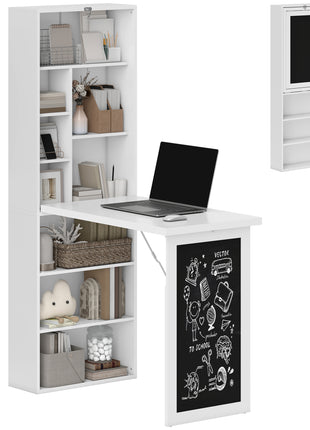 Fold-out Convertible Office Desk, Wall Mount Computer Desk with Blackboard and Side Shelf, White