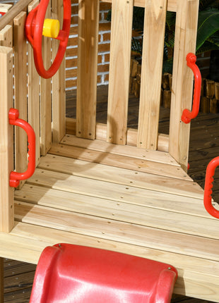 4-in-1 Wooden Swing Set with Swing, Slide, Horn, Steering Wheel, Red
