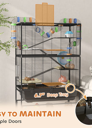 5 Tier Hamster Cage, Rolling Rat Cage with Deep Tray, Storage Shelf, Big Exercise Wheel, Hut, Tube System