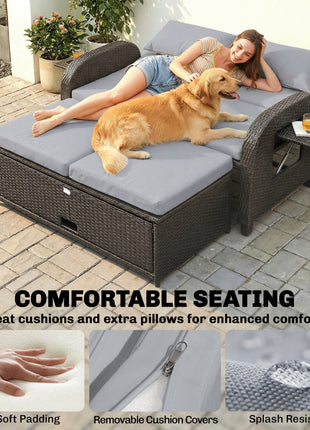 Patio Rattan Daybed, Wicker Outdoor Daybed with Storage Ottoman, Loveseat w/ Adjustable Backrest, Gray