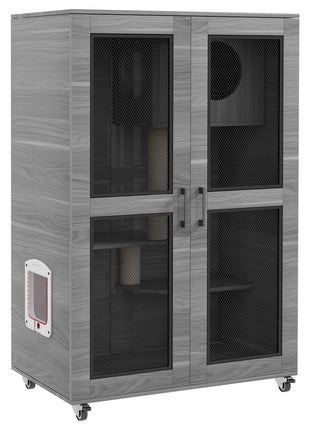 Cat Tree House with Scratching Post and Wheels, Gray