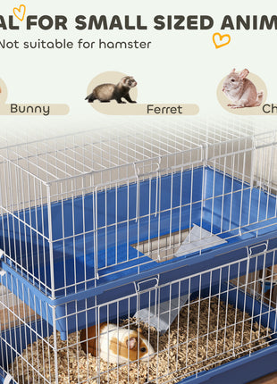 2-Tier Guinea Pig Cage, Ferret Cage, Chinchilla Cage, Small Animal Cage Indoor with Dish and Bottle, 2 Doors, Deep Bottoms, Ramp, 28", Blue