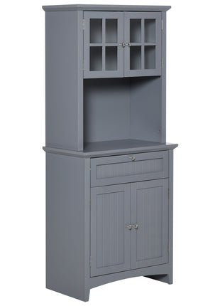 Elegant Buffet with Hutch, Kitchen Pantry Storage Cabinet with Framed Glass Door Drawer and Microwave Space, Gray