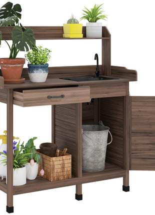 Potting Bench Table with Removable Sink, Outdoor Work Bench Table with Storage Cabinet, Hooks, Faucet and Drawer for Greenhouse, Garden, Patio, Dark Brown