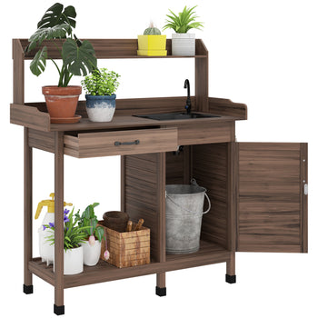 Potting Bench Table with Removable Sink, Outdoor Work Bench Table with Storage Cabinet, Hooks, Faucet and Drawer for Greenhouse, Garden, Patio, Dark Brown