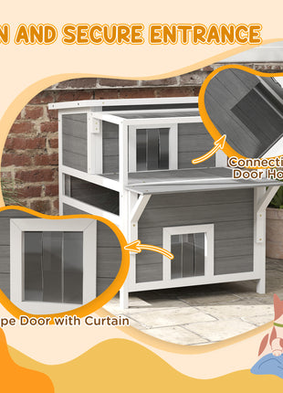 2-Story Wooden Cat House Outdoor with Balcony, Openable Top, Escape Door, Removable Panel & Floor, for Backyard, Outside