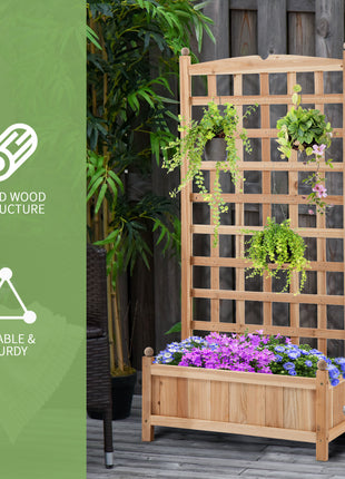 Wooden Raised Garden Bed with Trellis, Outdoor Planter Box with Drainage Crevices for Climbing Vine Plants Flowers, 24" x 12" x 49"