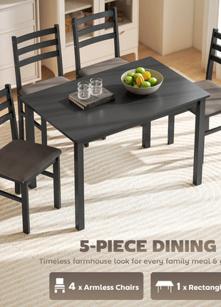 5-Piece Small Kitchen Table Set for 4, Farmhouse Dining Table Set with Upholstered Chairs and Rubber Wood Legs, Black