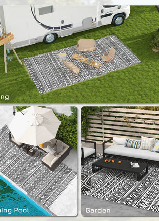 Reversible Outdoor Rug Carpet RV Camping Rugs with Carry Bag, 9' x 18', Gray & Cream White Boho