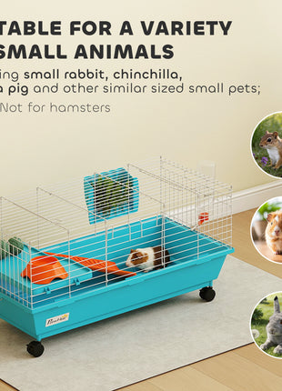 35"L Small Animal Cage, Rolling Bunny Cage, Guinea Pig Cage with Wheels, Food Dish, Water Bottle, Hay Feeder, Blue