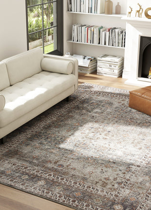 Machine Washable Area Rug 8x10, Non-Slip Traditional Floor Cover Foldable Carpet for Living Room, Dark Mixed-Brown