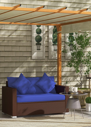 Wicker Loveseat, Patio Furniture Couch with Cushions, 2 Seat PE Rattan Sofa, 2 Throw Pillows, Blue