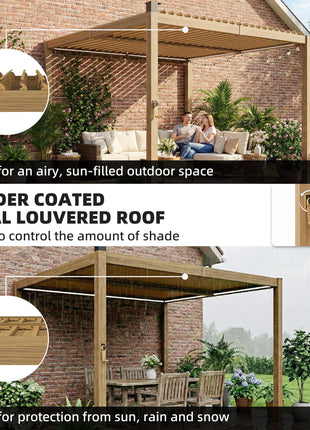 10' x 10' Louvered Pergola with Solar LED lights, Metal Roof, Outdoor Pergola Patio Gazebo with Drainage Gutters, Brown