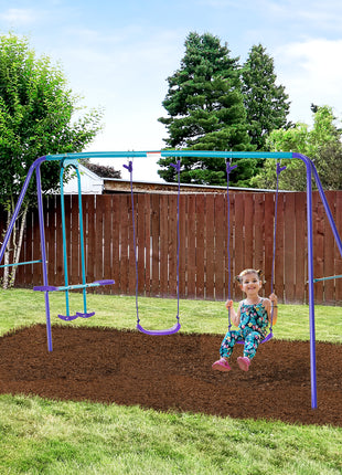 Metal Swing Set with Glider, Two S Seats and Adjustable Height, Outdoor Heavy Duty A-Frame Kids Playset Suitable, Purple