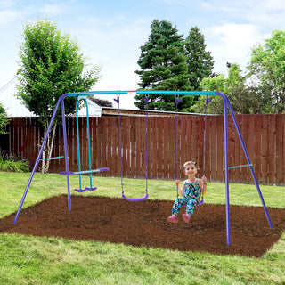 Metal Swing Set with Glider, Two S Seats and Adjustable Height, Outdoor Heavy Duty A-Frame Kids Playset Suitable, Purple