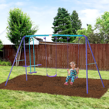 Metal Swing Set with Glider, Two S Seats and Adjustable Height, Outdoor Heavy Duty A-Frame Kids Playset Suitable, Purple
