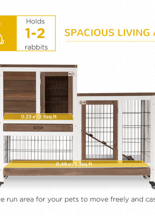 Wooden Rabbit Hutch Elevated Bunny Cage Indoor Small Animal Habitat with Enclosed Run with Wheels, Ramp, Removable Tray for Rabbits, Chickens, Ducks, Guinea Pigs, Brown