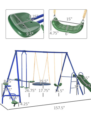 693 lbs Metal Swing Set for Kids, 5 in 1 Outdoor Playset with Heavy Duty A-Frame Stand, 29.5" Saucer Swing, Slide, Blue