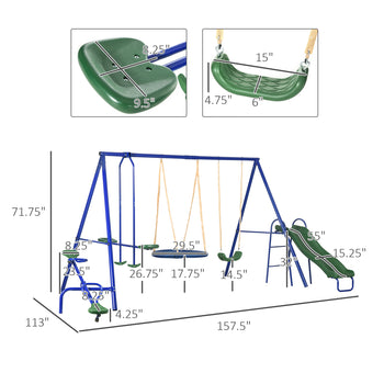693 lbs Metal Swing Set for Kids, 5 in 1 Outdoor Playset with Heavy Duty A-Frame Stand, 29.5" Saucer Swing, Slide, Blue