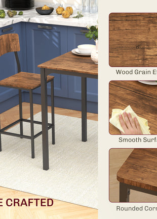 3 Piece Pub Table and Chairs, Small Kitchen Table and Chairs, Square Dining Table with 2 Stools, Walnut and Black