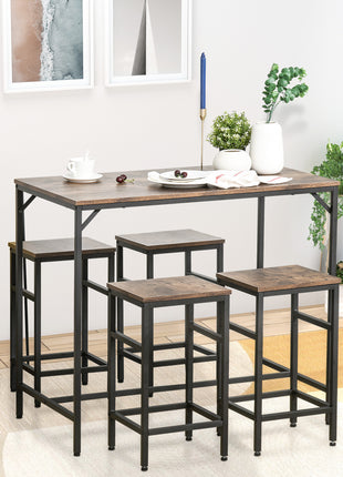 5-Piece Industrial Dining Table Set, Bar Table & 4 Stools Set, Space Saving for Pub & Kitchen, Rustic Brown/Black