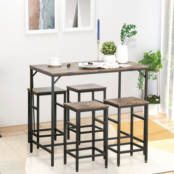 5-Piece Industrial Dining Table Set, Bar Table & 4 Stools Set, Space Saving for Pub & Kitchen, Rustic Brown/Black