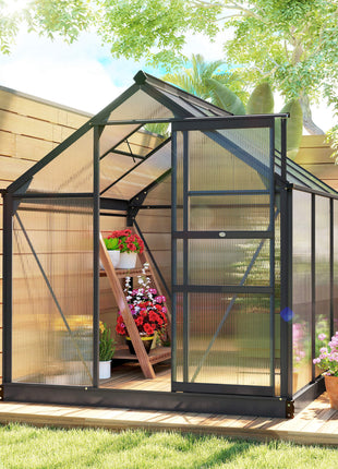 Polycarbonate Greenhouse, Heavy Duty Outdoor Aluminum Walk-in Green House Kit Vent Door, 6.2'x6.2'x6.6' Gray