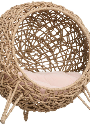 20.5" Weaved Cat Bed, Elevated Hand-woven Braided Banana Leaf Kitten House Condo with Cushion, Beige