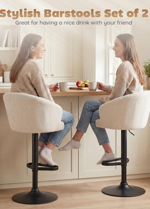 Modern Upholstered Adjustable Barstools with Swivel Seat, Linen Touch Fabric, Steel Frame, Footrest, ‎Beige