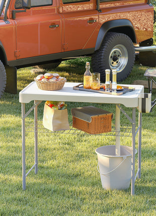 Folding Fish Cleaning Table with Sinks, Portable Camping Sink Table with Faucet, Drainage Hose, Sprayer, Shelf, Drawer and Storage Basket, Outdoor Fillet Table for Picnic Beach Patio, White
