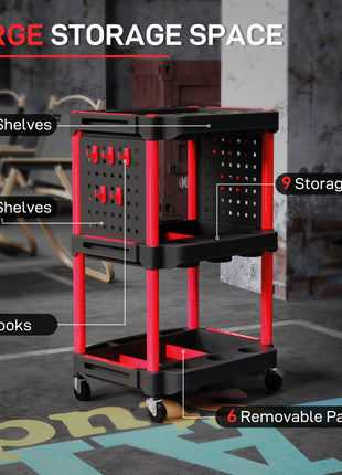 3-Tier Rolling Tool Cart, 200 LBS Capacity Plastic Utility Cart with Side Shelves for Garage, Workshop, Black and Red