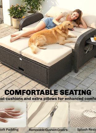 Patio Rattan Daybed, Wicker Outdoor Daybed with Storage Ottoman, Loveseat w/ Adjustable Backrest, Beige