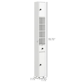 71" Small Bathroom Storage Cabinet, Narrow Toilet Paper Cabinet with Open Shelves, 2 Cabinets, Adjustable Shelves, White