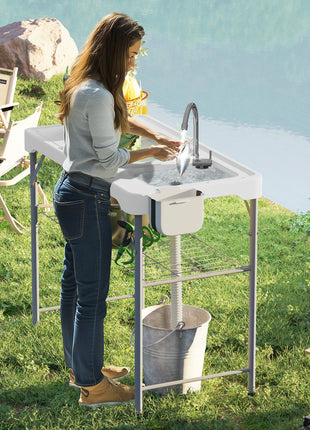 Folding Fish Cleaning Table with Sinks, Portable Camping Sink Table with Faucet, Drainage Hose, Sprayer, Shelf, Drawer and Storage Basket, Outdoor Fillet Table for Picnic Beach Patio, White