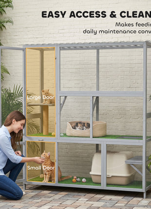 Catio Outdoor Cat Enclosure, 77" H Wooden Cat House with Weatherproof Roof, Platforms and Scratching Post