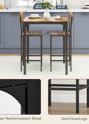 3 Piece Pub Table and Chairs, Small Kitchen Table and Chairs, Square Dining Table with 2 Stools, Rustic Brown and Black