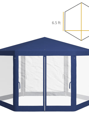 13' x 11' Outdoor Party Tent, Hexagon Sun Shade Shelter Canopy w/ Protective Mesh Screen Sidewalls, Ropes & Stakes, Blue