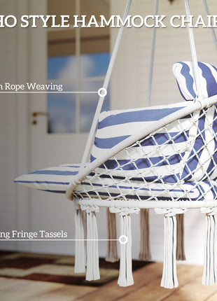 Hammock Swing Chair, Macrame Hanging Chair with Large Cushion, Chain, Steel Frame for Indoor Outdoor Use, Blue and White